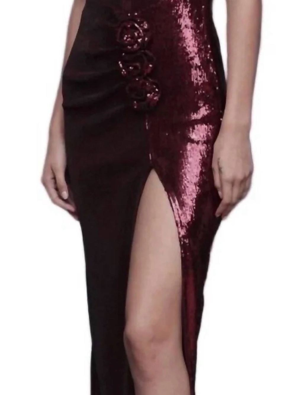 Avec Les Filles Sequin Maxi Rosette Detail, High Slit Burgundy Size 10 Gown. NWT - Picture 6 of 12